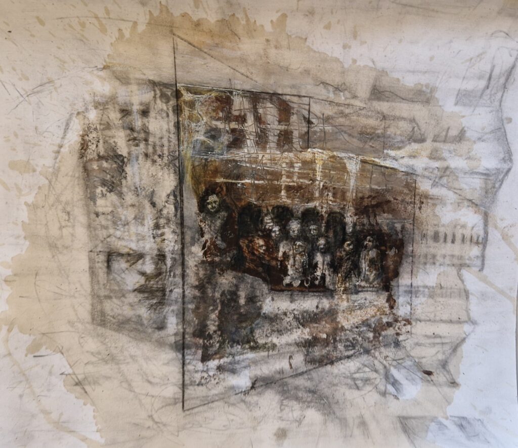 sort hvid tegning med brunlige nuancer. figurativ tegning med flere personer i surrealistisk bygning.
tegningen er til salg.