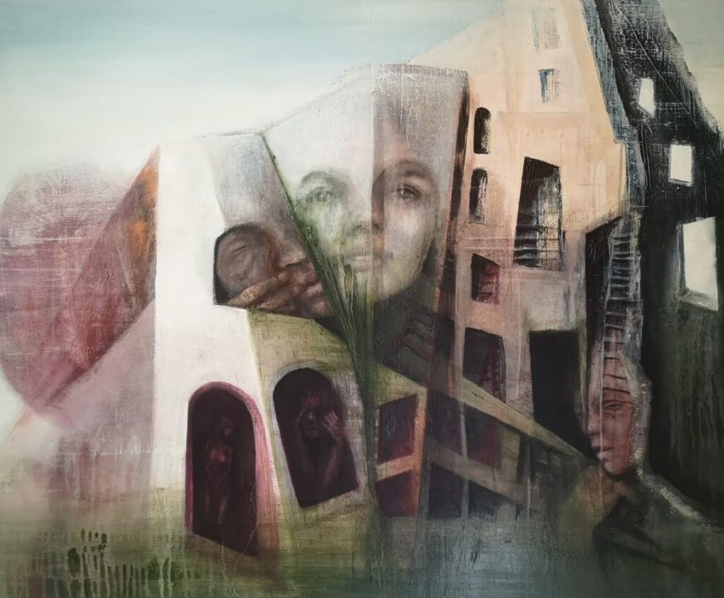 Figurativt maleri med ansigter og bygninger sammensmeltede. Lyse farver. Akryl og oliemaleri med abstrakt bygning i forgrunden og lys himmel i baggrunden. 100 x 120 cm.