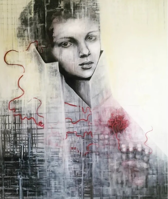 surrealistisk maleri sort hvid 100x120cm.