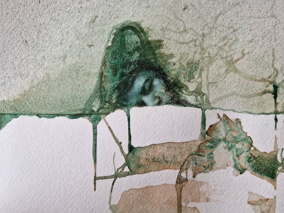 vater color effect olie maleri på papir til salg størrelse A4 portræt af sovende pige.