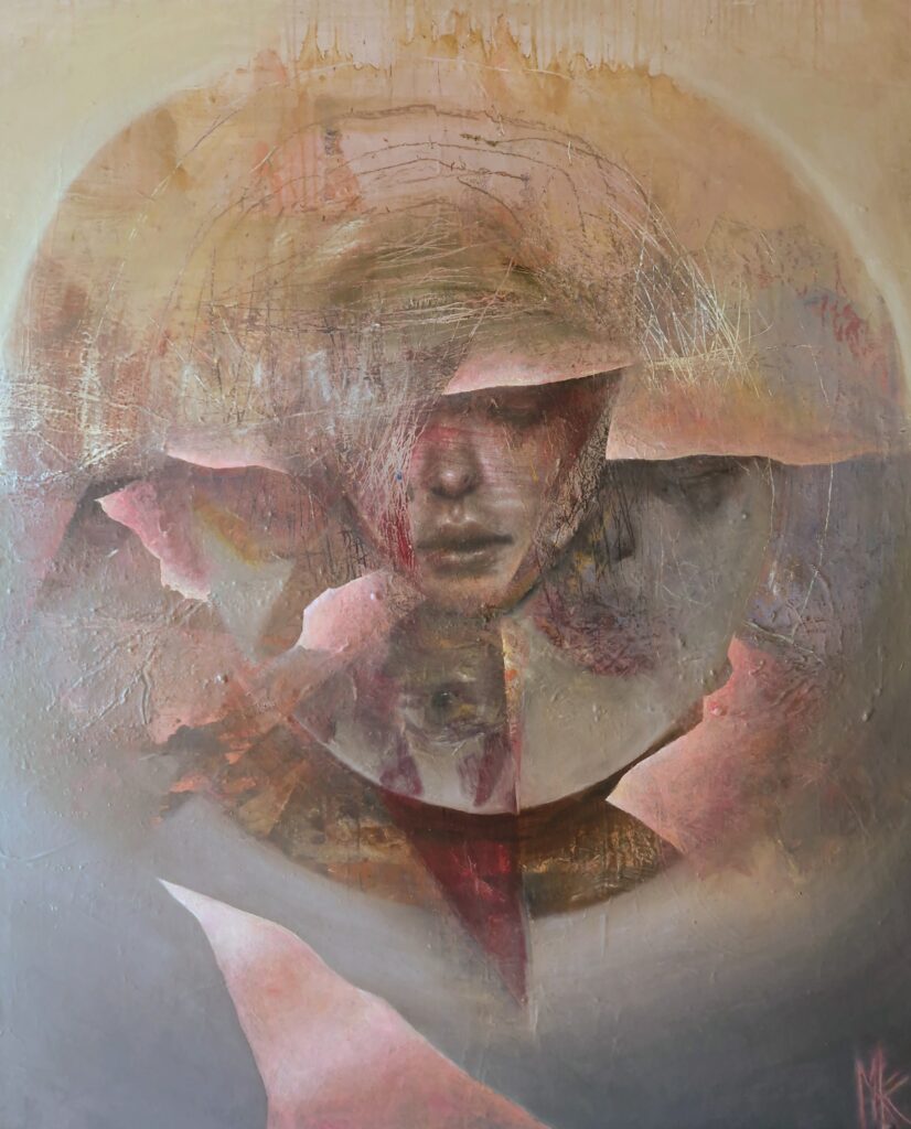 surrealistisk olieportraet lyse farver120x100cm
